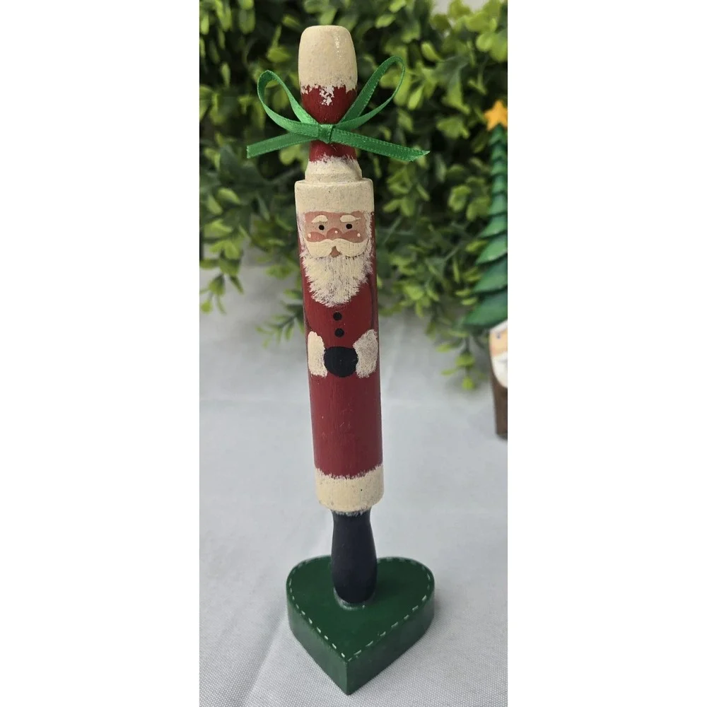 Lot of 2 Handmade Hand Painted Wood Santa Claus Decorations Christmas Tree
